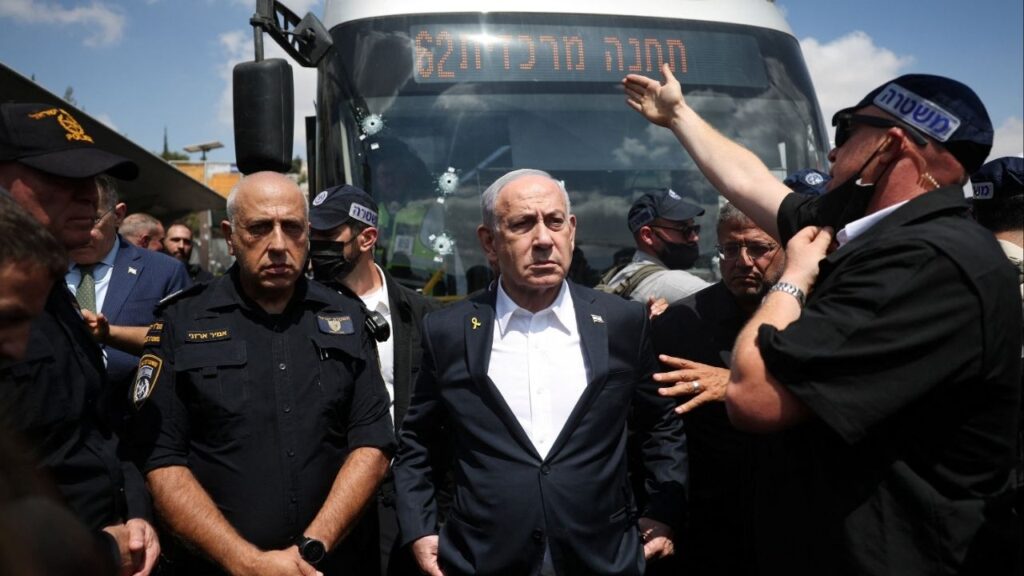Israel's Prime Minister Benjamin Netanyahu visits the scene where a suspected shooting attack took place at the outskirts of Jerusalem September 8, 2025 (Reuters/Ronen Zvulun/Pool)