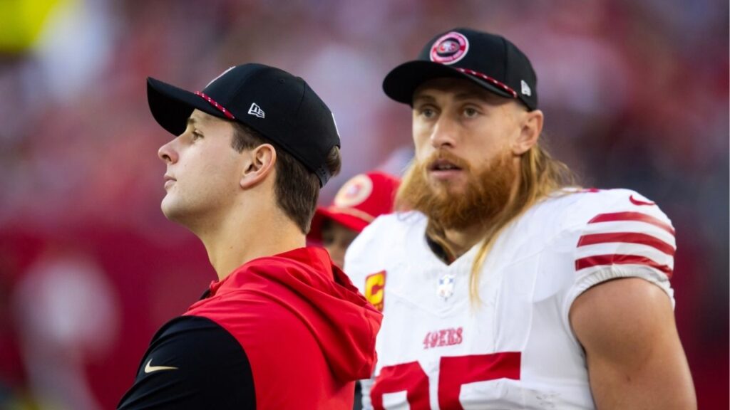 Jan 5, 2025; Glendale, Arizona, USA; San Francisco 49ers quarterback Brock Purdy (left) with tight end George Kittle (85) against the Arizona Cardinals at State Farm Stadium. (Mark J. Rebilas-Imagn Images)