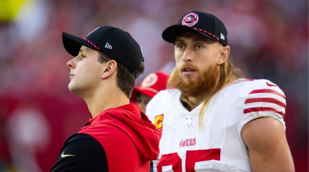 Jan 5, 2025; Glendale, Arizona, USA; San Francisco 49ers quarterback Brock Purdy (left) with tight end George Kittle (85) against the Arizona Cardinals at State Farm Stadium. (Mark J. Rebilas-Imagn Images)