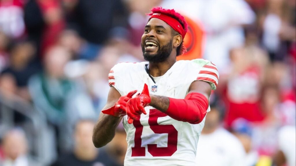 Jan 5, 2025; Glendale, Arizona, USA; San Francisco 49ers wide receiver Jauan Jennings (15) reacts after a fight against the Arizona Cardinals in the first half at State Farm Stadium (Mark J. Rebilas-Imagn Images)