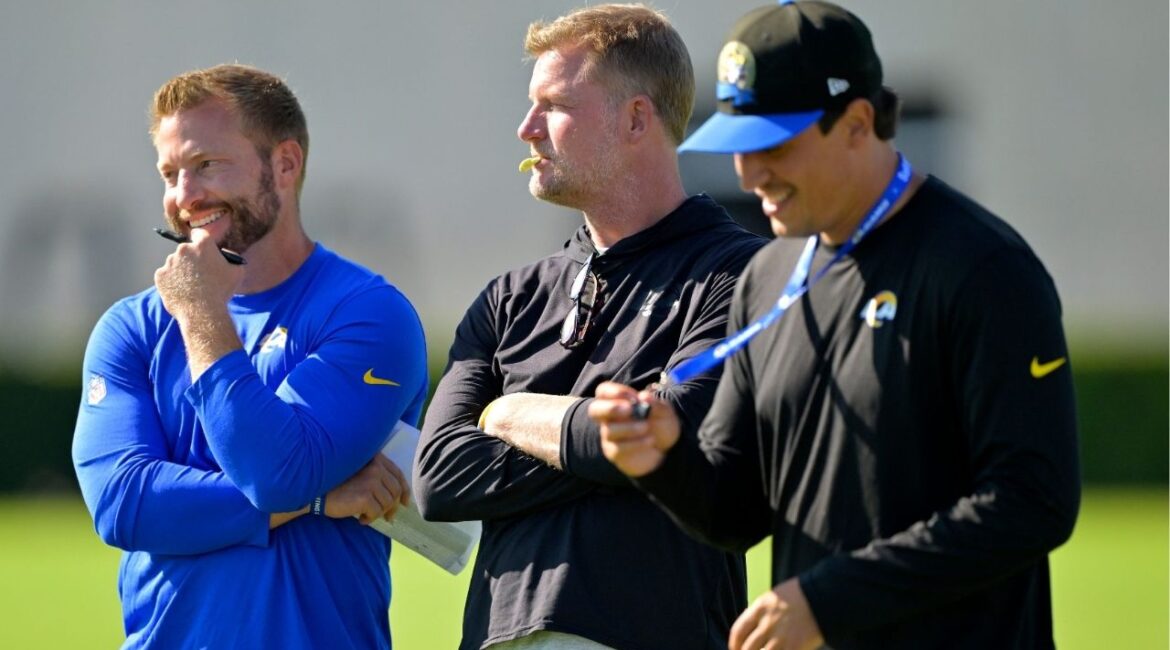 Jul 29, 2024; Los Angeles, CA, USA; Los Angeles Rams head coach Sean McVay, general manager Les Snead and chief of staff Carter Crutchfield talk on the field during training camp at Loyola Marymount University. (Jayne Kamin-Oncea-USA TODAY Sports)