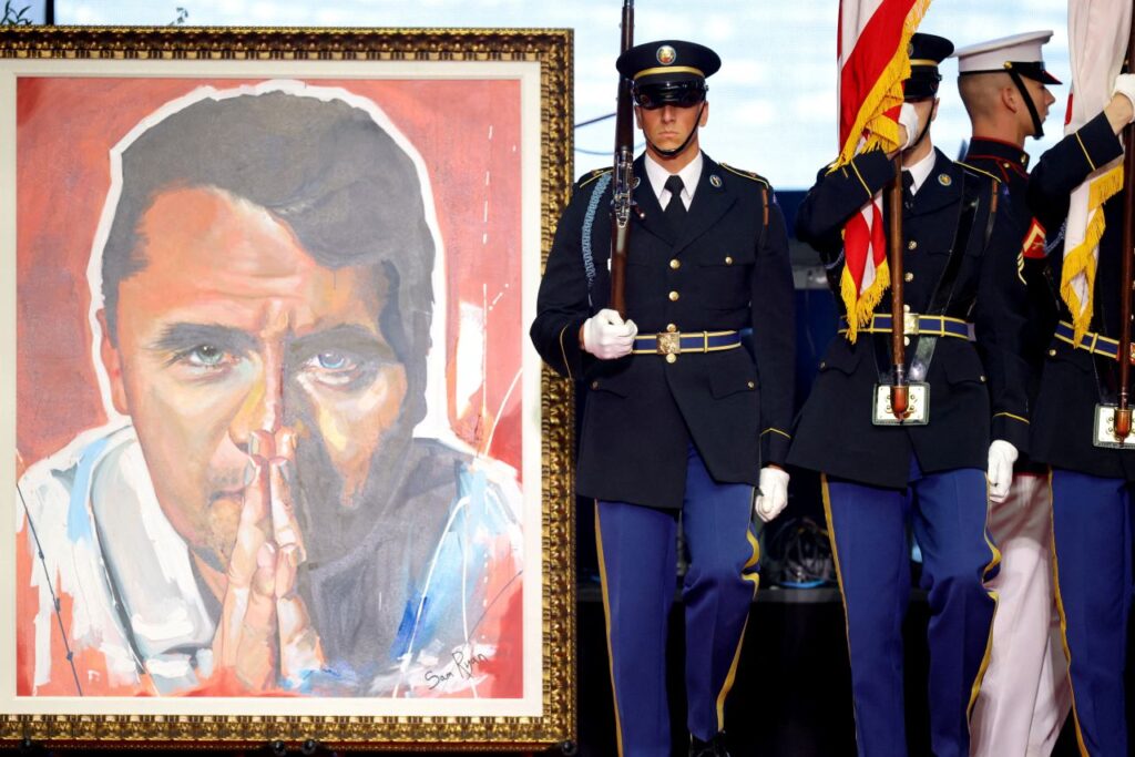 Charlie Kirk Memorial Service in Glendale, Arizona: Soldiers and Portrait