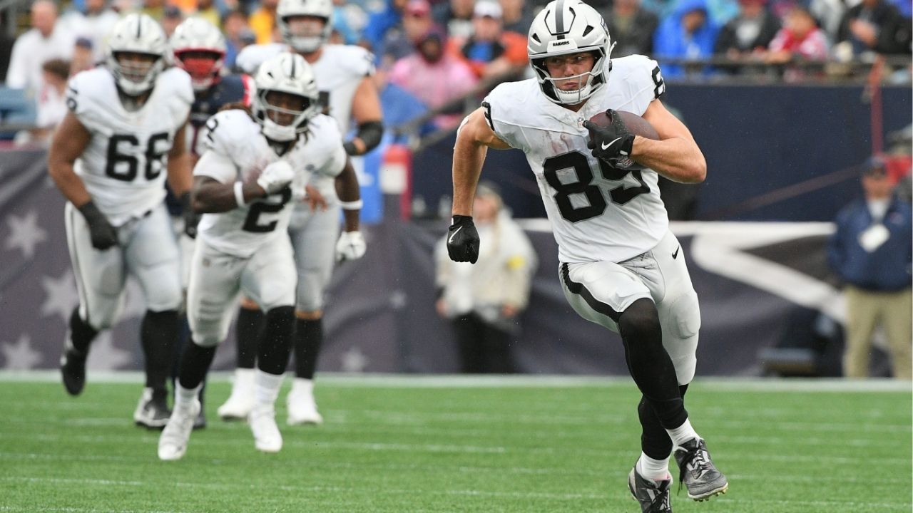 Las Vegas Raiders tight end Brock Bowers makes a catch against the New England Patriots during the second half at Gillette Stadium. (USA Today Network via Reuters)