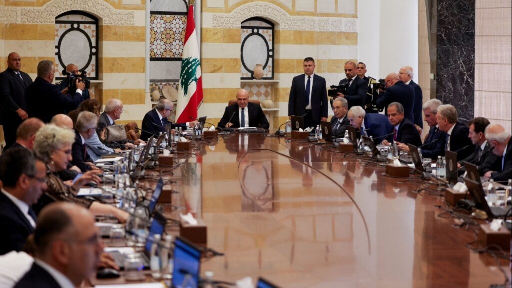 Lebanese President Joseph Aoun, Lebanese Prime Minister Nawaf Salam and members of the Lebanese cabinet meet to discuss efforts to bring all weapons in the country under the control of the state, at the Presidential Palace in Baabda, Lebanon August 5, 2025. (Reuters File)