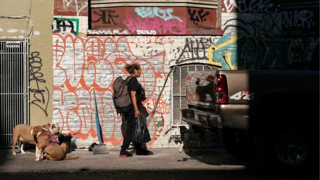 Linda Vazquez, 52, carries a backpack and bag of her belongings as her dogs play in San Francisco on Nov. 15, 2024. City workers forced Vasquez and other unhoused people to move their tents and other items during a homeless sweep. Photo by Jungho Kim for CalMatters