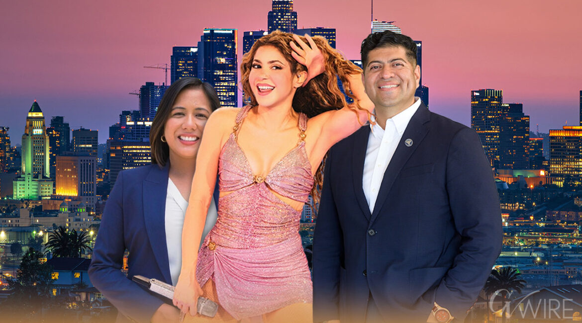 Los Angeles councilmember, Ysabel Jurado, Shakira, and Luis Chavez standing up LA DTLA (GV Wire Composite/Paul Marshall)