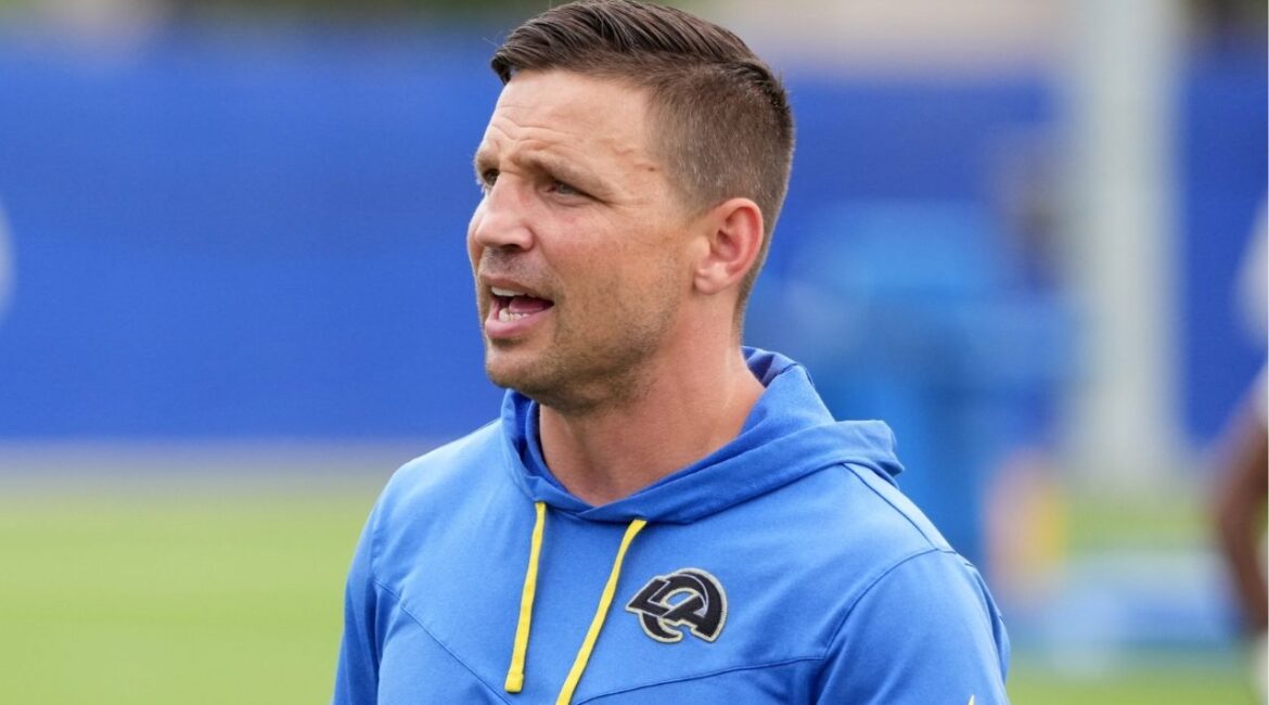 May 28, 2025; Woodland Hills, CA, USA; Los Angeles Rams defensive coordinator Chris Shula during organized team activities at Rams Practice Facility. (Kirby Lee-Imagn Images)