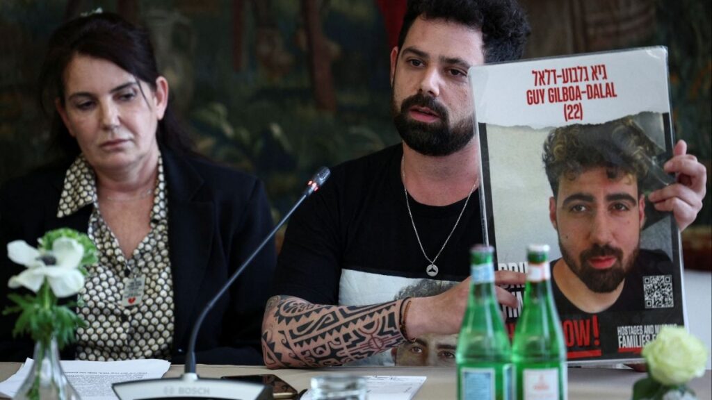 Meirav Gilboa-Dalal and Gal Gilboa-Dalal, mother and brother of Guy Gilboa-Dalal, an Israeli held hostage by the Palestinian Islamist group Hamas, attend a press conference after meeting with Pope Francis, in Rome, Italy April 8, 2024. (Reuters File)