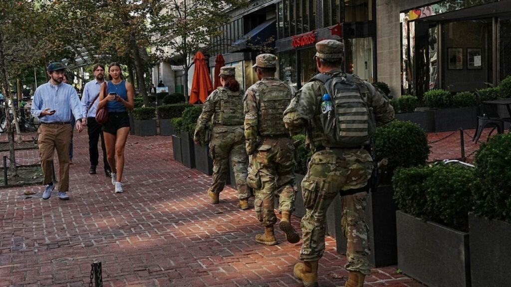 Members of the National Guard patrol near Dupont Circle weeks after U.S. President Donald Trump deployed the National Guard and ordered an increased presence of federal law enforcement in Washington, D.C., U.S., September 2, 2025. (Reuters/Leah Millis)