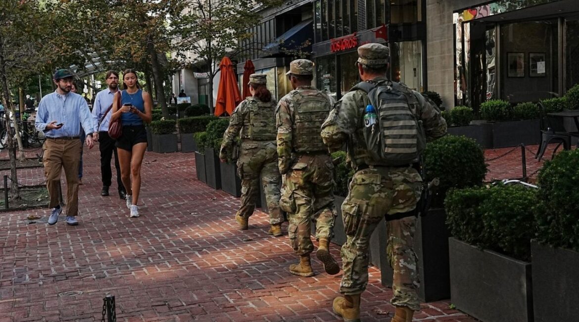 Members of the National Guard patrol near Dupont Circle weeks after U.S. President Donald Trump deployed the National Guard and ordered an increased presence of federal law enforcement in Washington, D.C., U.S., September 2, 2025. (Reuters/Leah Millis)