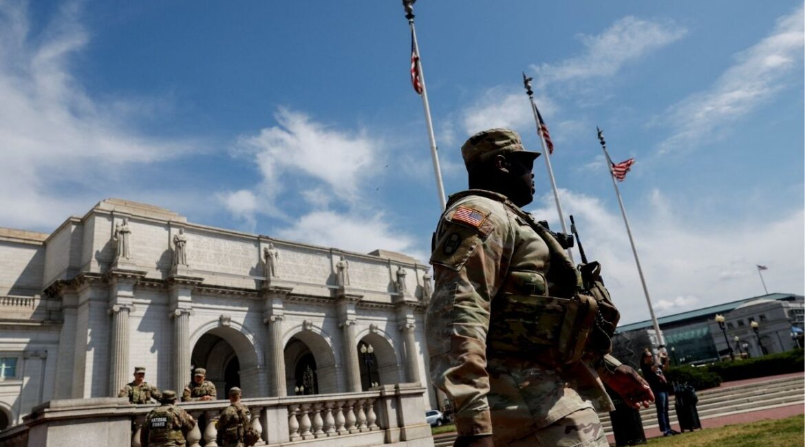 Members of the National Guard patrol outside Union Station, weeks after U.S. President Donald Trump deployed the National Guard and ordered an increased presence of federal law enforcement to assist in crime prevention, in Washington, D.C., U.S., September 15, 2025. (Reuters/Daniel Becerril)