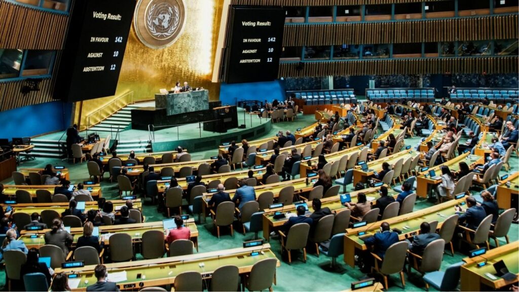 Members of the United Nations General Assembly vote on the Question of Palestine and the Implementation of the Two-State Solution, at U.N. headquarters in New York City, U.S., September 12, 2025. (Reuters/Eduardo Munoz)
