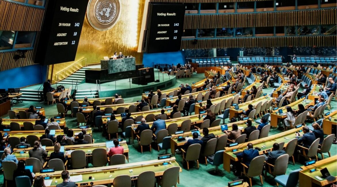 Members of the United Nations General Assembly vote on the Question of Palestine and the Implementation of the Two-State Solution, at U.N. headquarters in New York City, U.S., September 12, 2025. (Reuters/Eduardo Munoz)