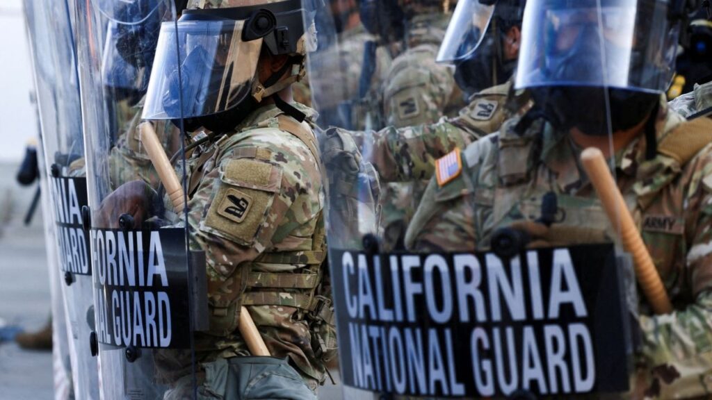 National Guard troops wear gas masks during protests against federal immigration sweeps, in Los Angeles, California, U.S., June 12, 2025. (Reuters File)