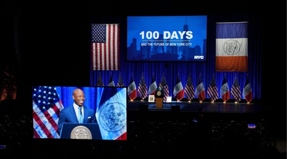 New York Mayor Eric Adams speaks about his budget in Brooklyn, April 26, 2022. Adams has suspended his re-election campaign, becoming the first mayor of New York City to fail to win a second term since David Dinkins. (Todd Heisler/The New York Times)