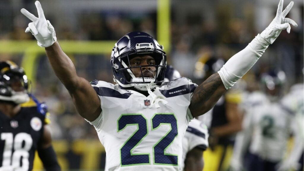 Oct 17, 2021; Pittsburgh, Pennsylvania, USA; Seattle Seahawks cornerback Tre Brown (22) reacts after a defensive stop against the Pittsburgh Steelers during the first quarter at Heinz Field. (Charles LeClaire-USA TODAY Sports)