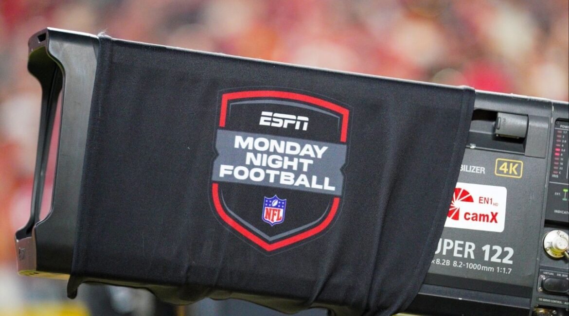 Oct 7, 2024; Kansas City, Missouri, USA; A general view of the ESPN Monday night Football logo during the first half of the game between the Kansas City Chiefs and New Orleans Saints at GEHA Field at Arrowhead Stadium. (Photo via USA Today Network through Reuters)