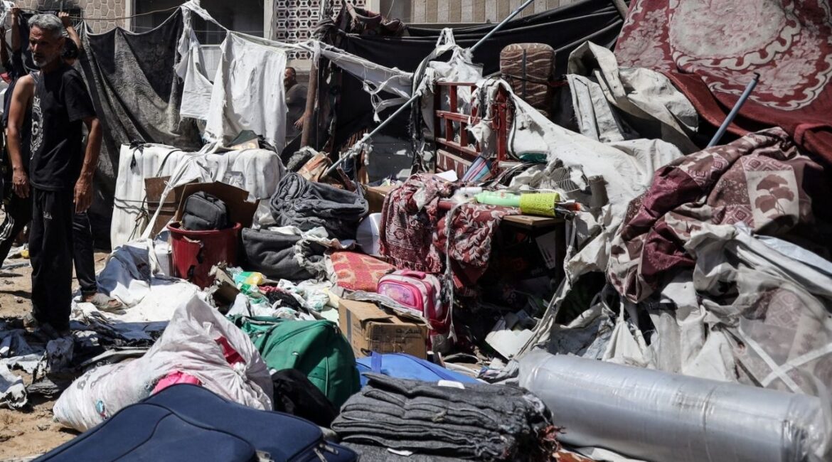 Palestinians inspect the site of an Israeli strike on a tent, outside Al-Shifa Hospital in Gaza City, September 4, 2025. (Reuters/Khamis Al-Rifi)