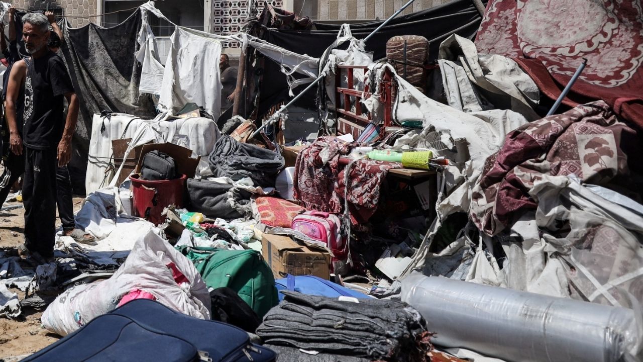 Palestinians inspect the site of an Israeli strike on a tent, outside Al-Shifa Hospital in Gaza City, September 4, 2025. (Reuters/Khamis Al-Rifi)