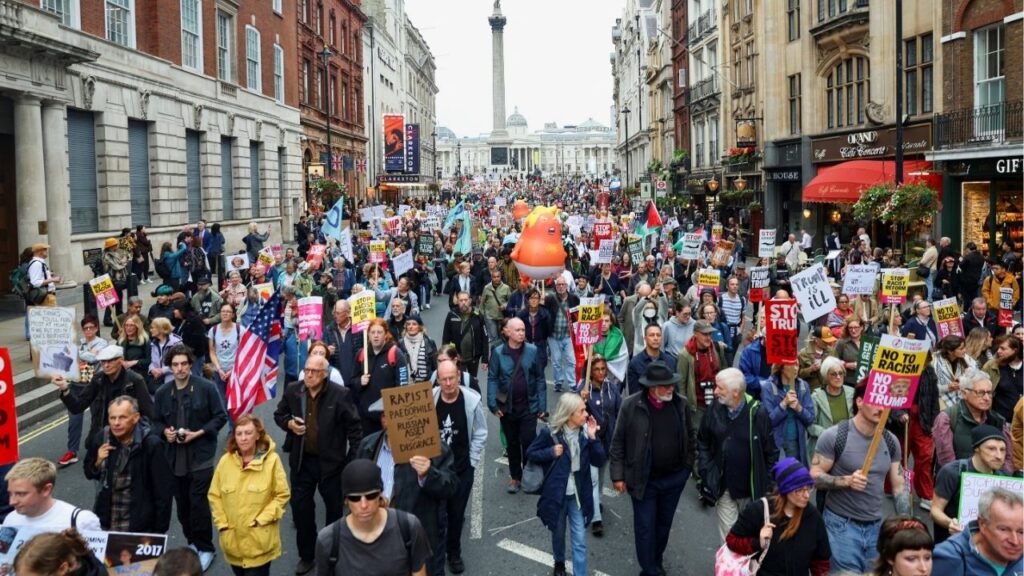 People take part in a 'Trump Not Welcome' protest during the state visit of U.S. President Donald Trump and first lady Melania Trump, as Nelson's Column stands in the background, in London, Britain, September 17, 2025. (Reuters/Isabel Infantes)
