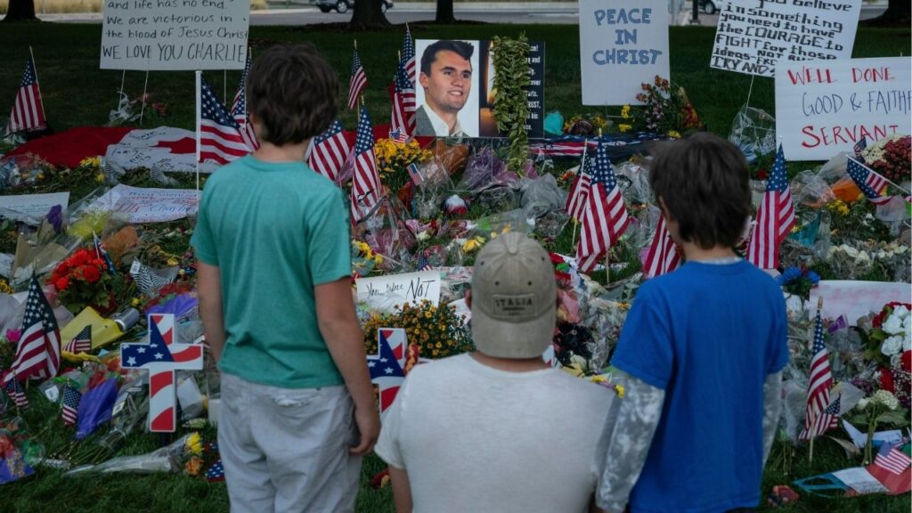 People visit a makeshift memorial for Charlie Kirk, who was fatally shot last week, on the campus at Utah Valley University in Orem, Utah, on Tuesday, Sept. 16, 2025. (Loren Elliott/The New York Times)