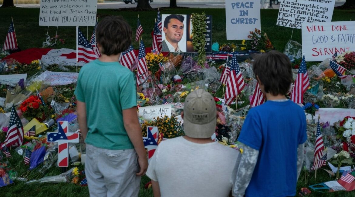 People visit a makeshift memorial for Charlie Kirk, who was fatally shot last week, on the campus at Utah Valley University in Orem, Utah, on Tuesday, Sept. 16, 2025. (Loren Elliott/The New York Times)