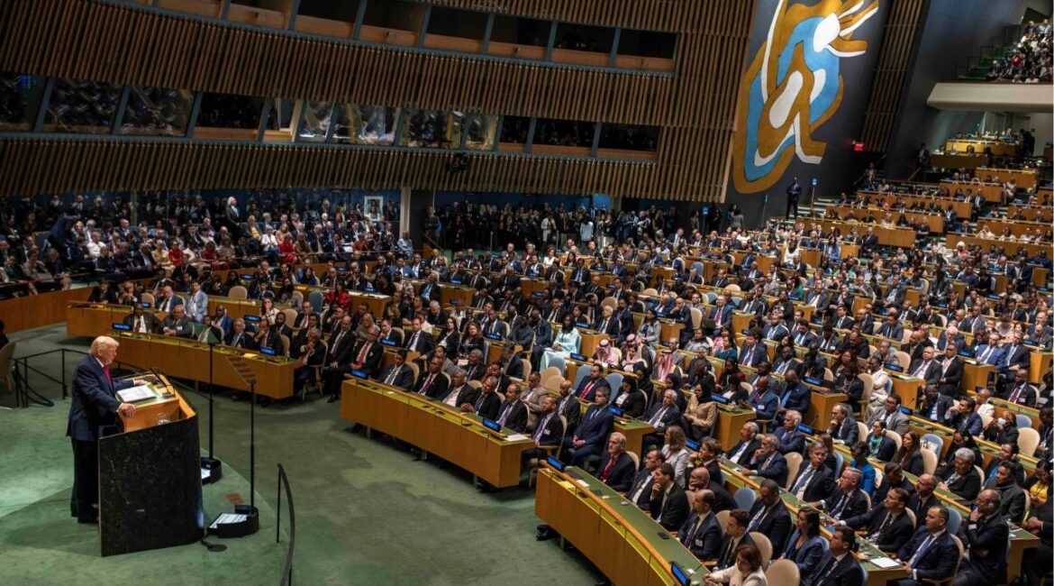 President Donald Trump addresses the 80th session of the United Nations General Assembly at United Nations headquarters, Sept. 23, 2025. President Trump used a UN address to repeat his claim that he has ended seven wars around the world. During his speech, the president also disparaged the work of the United Nations, which, he said, “did not even try to help” in any of the conflicts. (Dave Sanders/The New York Times)