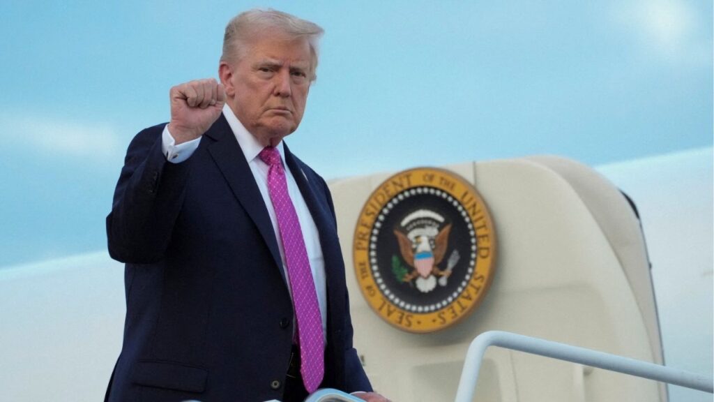 President Donald Trump gestures as he boards Air Force One to depart for Washington, at Morristown Municipal Airport in Morristown, New Jersey, U.S., September 14, 2025. (Reuters File)