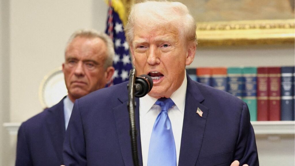 President Donald Trump, in front of U.S. Secretary of Health and Human Services Robert F. Kennedy Jr., delivers remarks linking autism to childhood vaccines and to the use of popular pain medication Tylenol for pregnant women and children, claims which are not backed by decades of science, at the White House in Washington, D.C., U.S., September 22, 2025. (Reuters File)