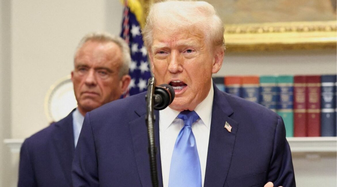 President Donald Trump, in front of U.S. Secretary of Health and Human Services Robert F. Kennedy Jr., delivers remarks linking autism to childhood vaccines and to the use of popular pain medication Tylenol for pregnant women and children, claims which are not backed by decades of science, at the White House in Washington, D.C., U.S., September 22, 2025. (Reuters File)