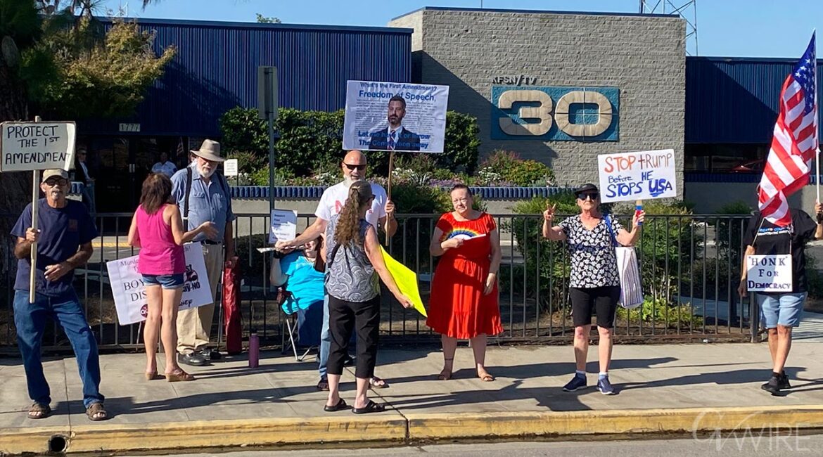Protesters gather at ABC 30's Fresno studios to protest the suspension of Jimmy Kimmel.