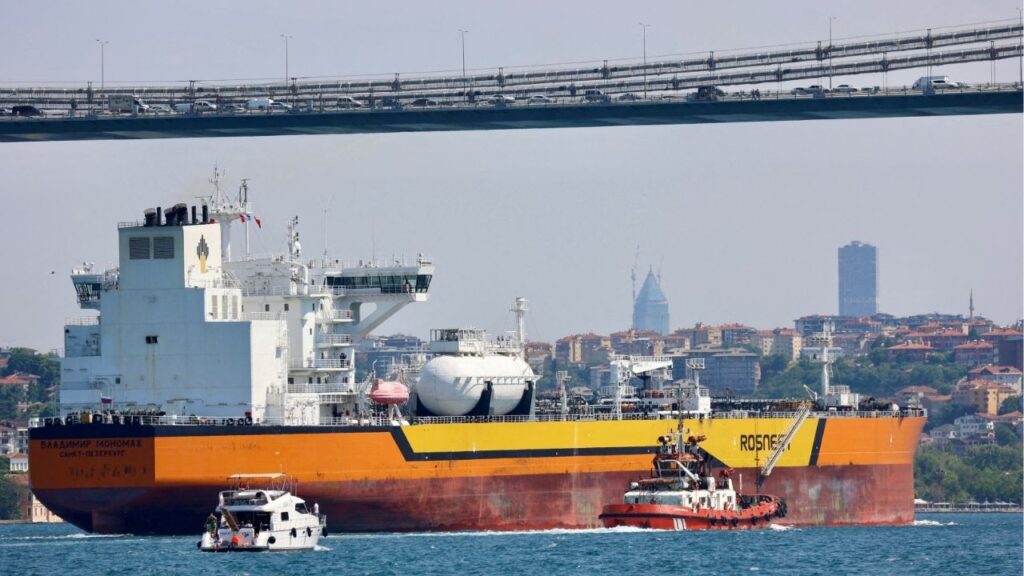Rosneft's Russian-flagged crude oil tanker Vladimir Monomakh transits the Bosphorus in Istanbul, Turkey, July 6, 2023. (Reuters File)