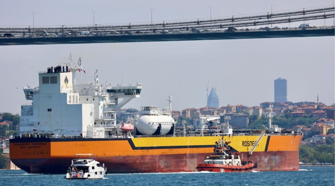 Rosneft's Russian-flagged crude oil tanker Vladimir Monomakh transits the Bosphorus in Istanbul, Turkey, July 6, 2023. (Reuters File)