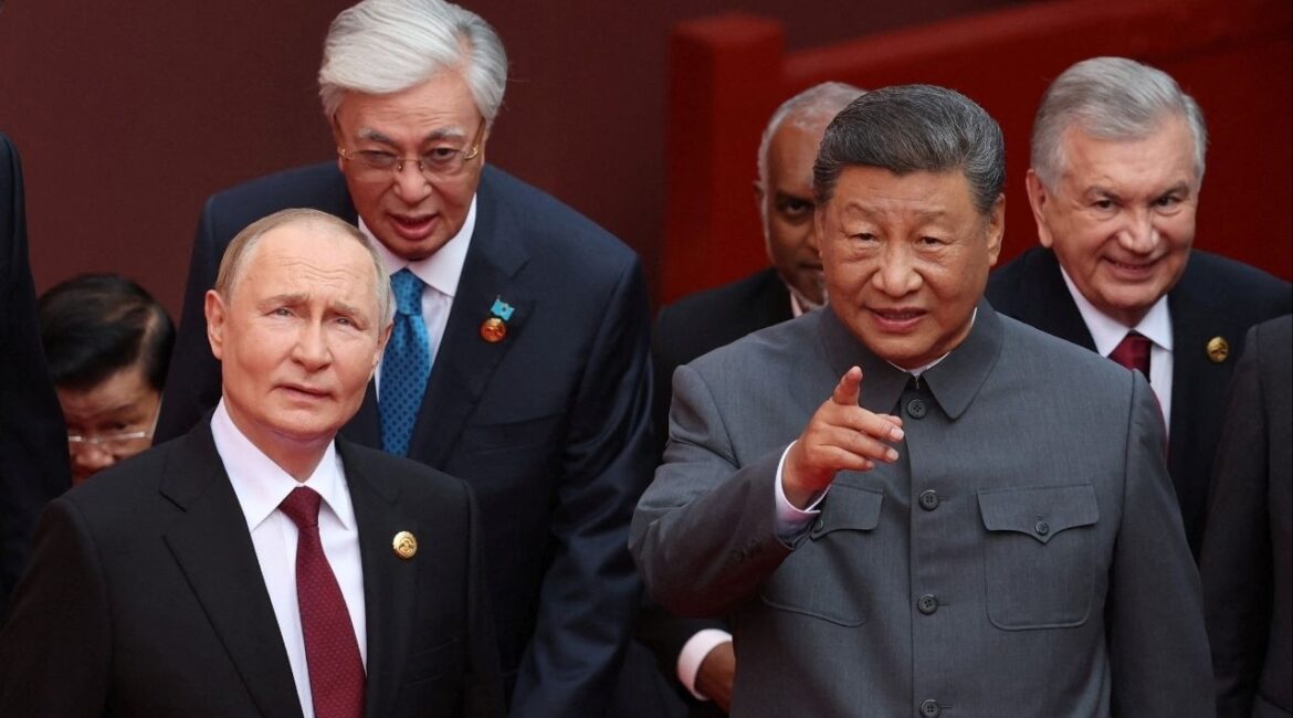 Russian President Vladimir Putin, Kazakh President Kassym-Jomart Tokayev, Chinese President Xi Jinping and Uzbek President Shavkat Mirziyoyev arrive for a military parade marking the 80th anniversary of the end of World War Two, in Beijing, China September 3, 2025. Sputnik/Alexander Kazakov/Pool via REUTERS