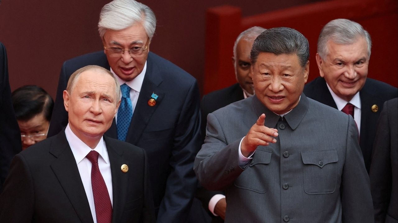 Russian President Vladimir Putin, Kazakh President Kassym-Jomart Tokayev, Chinese President Xi Jinping and Uzbek President Shavkat Mirziyoyev arrive for a military parade marking the 80th anniversary of the end of World War Two, in Beijing, China September 3, 2025. Sputnik/Alexander Kazakov/Pool via REUTERS