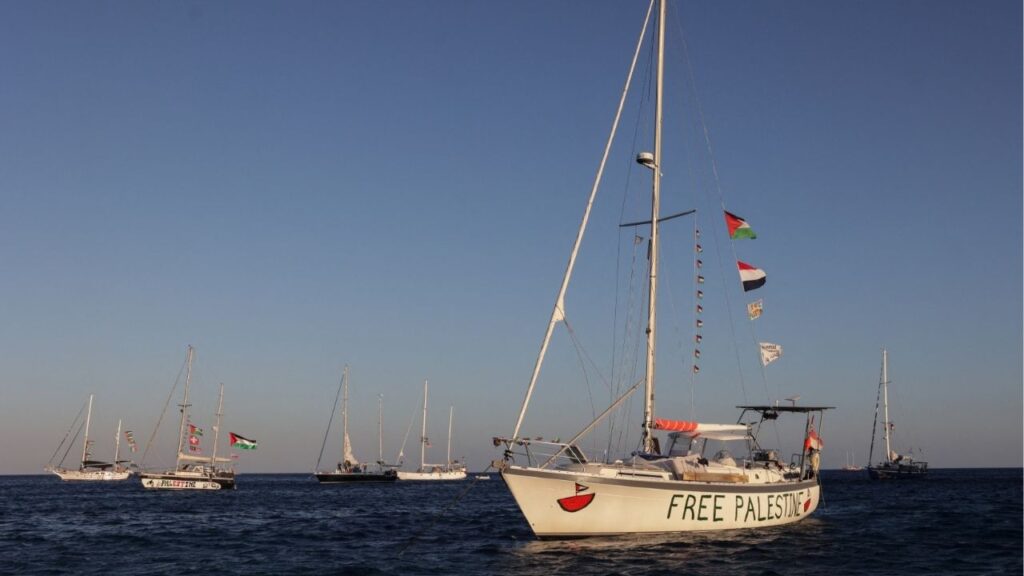 Sailing boats, part of the Global Sumud Flotilla aiming to reach Gaza and break Israel's naval blockade, sail off Koufonisi islet, Greece, September 26, 2025. (Reuters/Stefanos Rapanis)