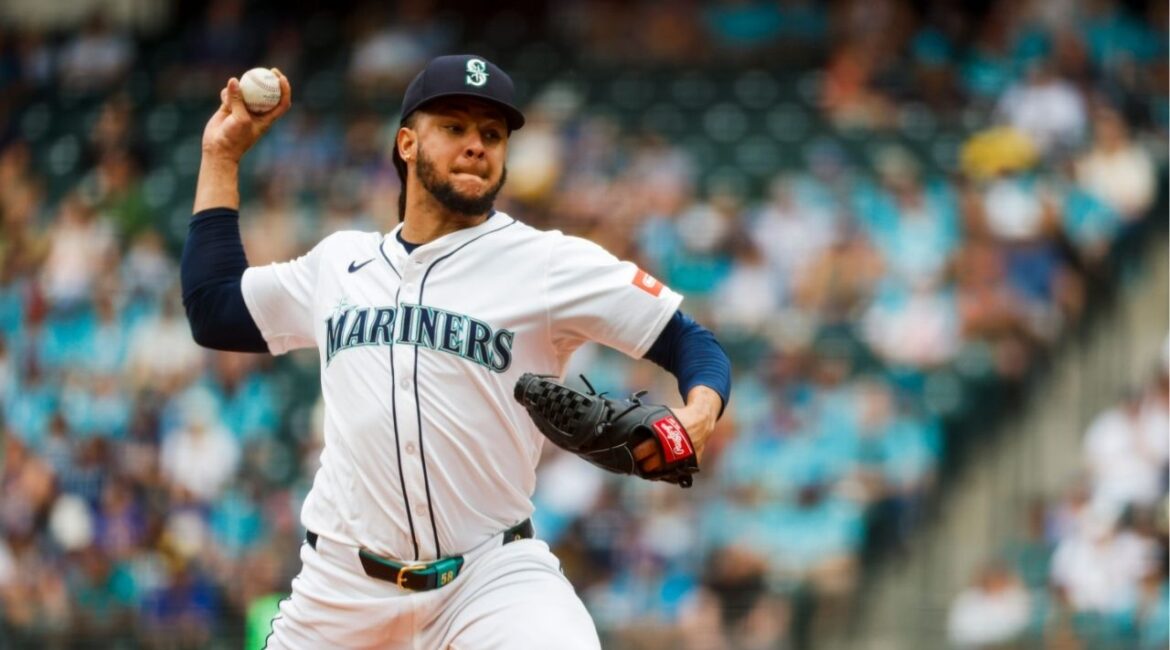 Seattle Mariners starting pitcher Luis Castillo (58) throws against the Texas Rangers during the first inning at T-Mobile Park in Seattle, Washington. (Kitsap Sun via Reuters)