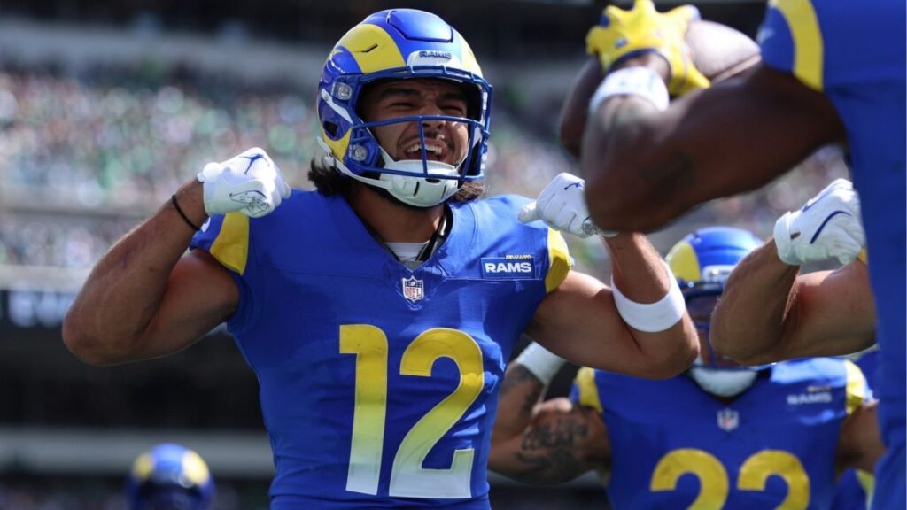 Sep 21, 2025; Philadelphia, Pennsylvania, USA; Los Angeles Rams wide receiver Puka Nacua (12) reacts against the Philadelphia Eagles during the first half at Lincoln Financial Field. (Bill Streicher-Imagn Images)