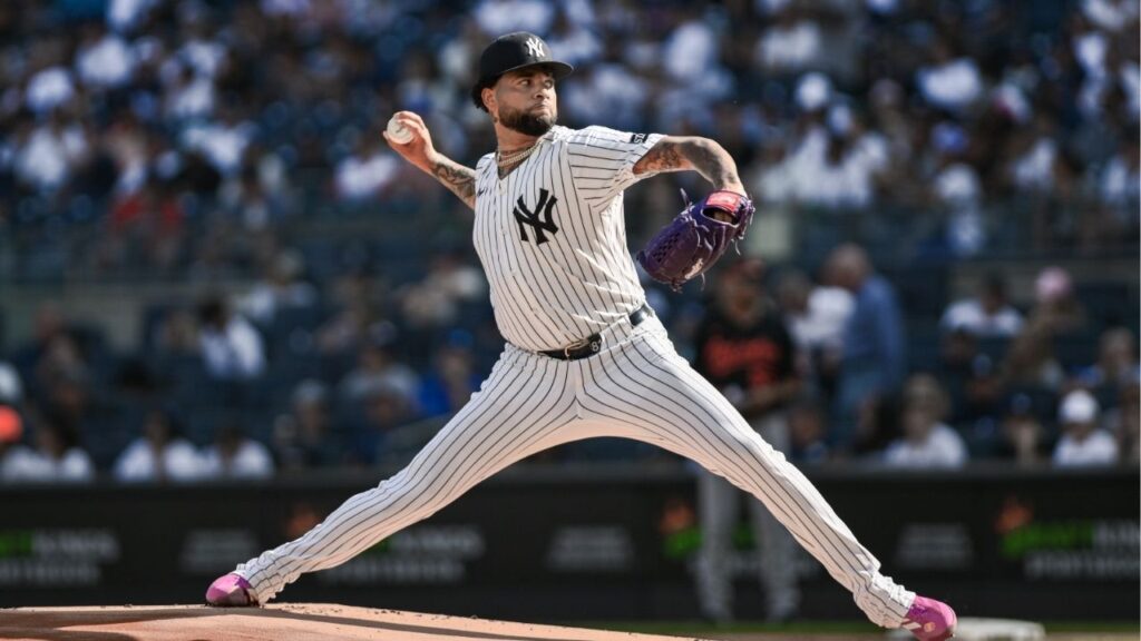 Sep 28, 2025; Bronx, New York, USA; New York Yankees pitcher Luis Gil (81) pitches against the Baltimore Orioles during the first inning at Yankee Stadium. (John Jones-Imagn Images)