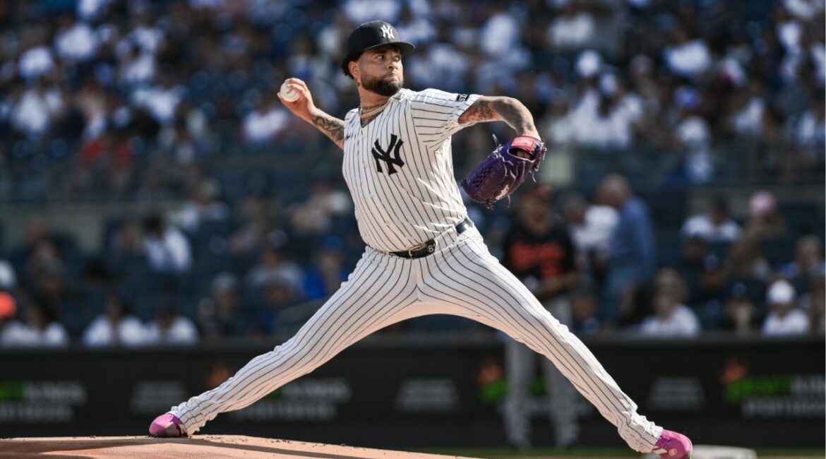 Sep 28, 2025; Bronx, New York, USA; New York Yankees pitcher Luis Gil (81) pitches against the Baltimore Orioles during the first inning at Yankee Stadium. (John Jones-Imagn Images)