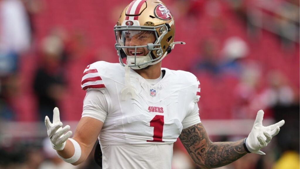 Sep 28, 2025; Santa Clara, California, USA; San Francisco 49ers wide receiver Ricky Pearsall (1) before the game against the Jacksonville Jaguars at Levi's Stadium. (Darren Yamashita-Imagn Images)