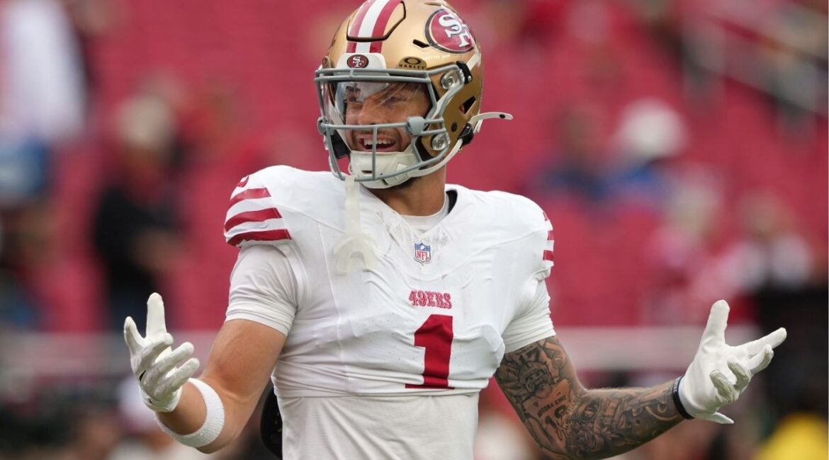 Sep 28, 2025; Santa Clara, California, USA; San Francisco 49ers wide receiver Ricky Pearsall (1) before the game against the Jacksonville Jaguars at Levi's Stadium. (Darren Yamashita-Imagn Images)