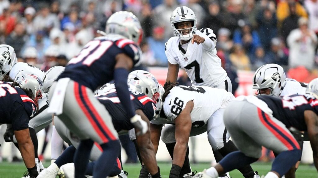 Sep 7, 2025; Foxborough, Massachusetts, USA; Las Vegas Raiders quarterback Geno Smith (7) during the second half at Gillette Stadium. (Brian Fluharty-Imagn Images)