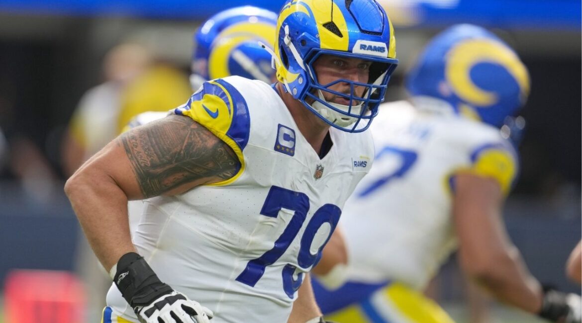 Sep 7, 2025; Inglewood, California, USA; Los Angeles Rams offensive tackle Rob Havenstein (79) in the second half against the Houston Texans at SoFi Stadium. (Kirby Lee-Imagn Images)