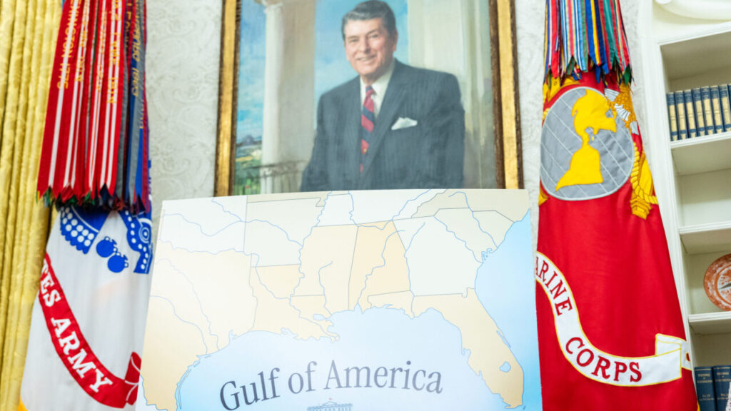 Trump's Gulf of America Poster Below a Reagan Portrait