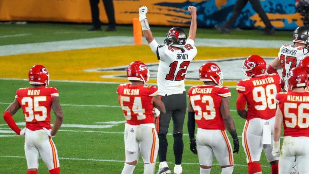 Tampa Bay Buccaneers quarterback Tom Brady celebrates his team’s victory over the Kansas City Chiefs at Super Bowl LV in Tampa on Feb. 7, 2021. The now-retired quarterback is helping Fanatics produce a flag football event in Riyadh, Saudi Arabia. (Chang W. Lee/The New York Times)