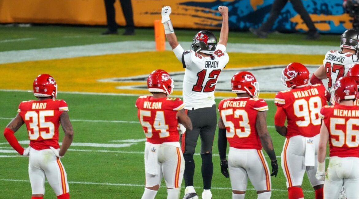 Tampa Bay Buccaneers quarterback Tom Brady celebrates his team’s victory over the Kansas City Chiefs at Super Bowl LV in Tampa on Feb. 7, 2021. The now-retired quarterback is helping Fanatics produce a flag football event in Riyadh, Saudi Arabia. (Chang W. Lee/The New York Times)