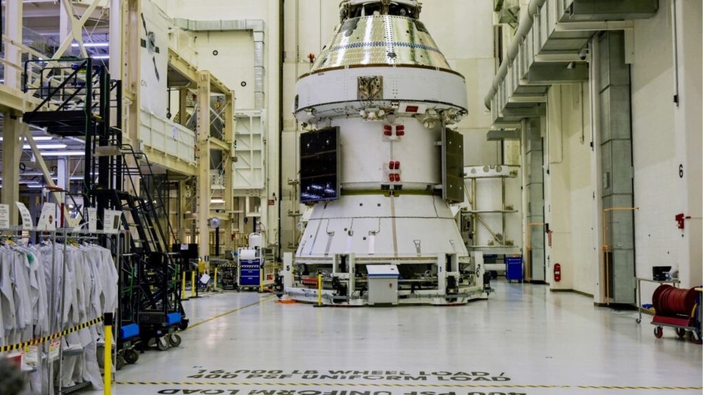 The Artemis II Orion crew and service modules sit inside the Operations & Checkoput Building during a NASA media day event at the Kennedy Space Center in Cape Canaveral, Florida, U.S., March 7, 2025. (Reuters File)