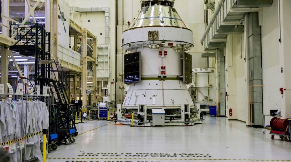 The Artemis II Orion crew and service modules sit inside the Operations & Checkoput Building during a NASA media day event at the Kennedy Space Center in Cape Canaveral, Florida, U.S., March 7, 2025. (Reuters File)