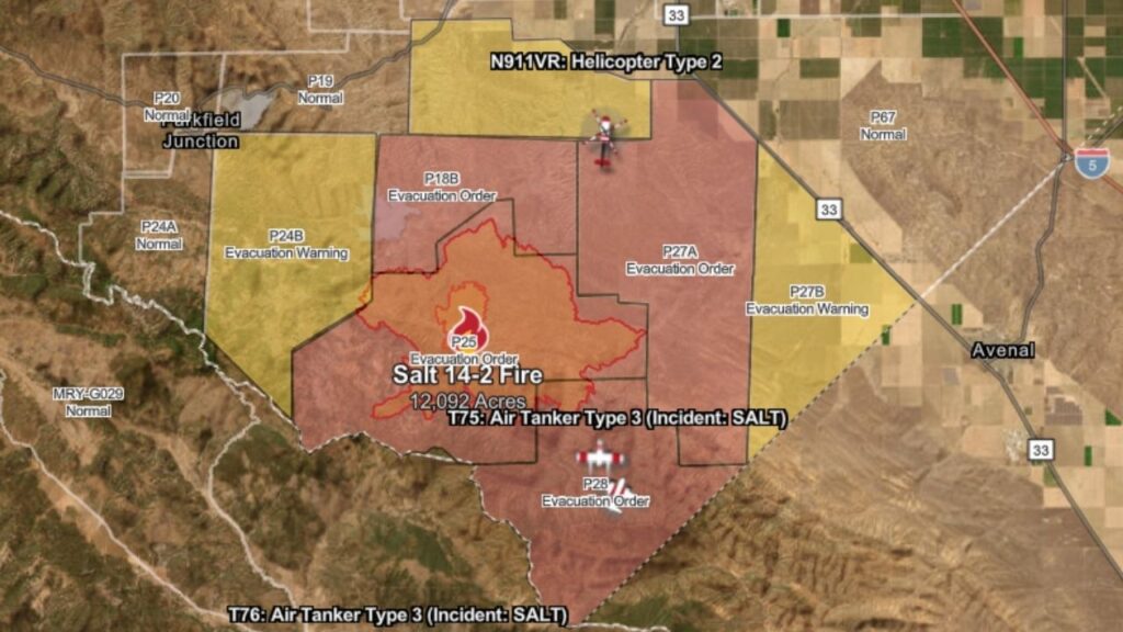 The Salt 14-2 Fire near Coalinga has burned 12,092 acres with 0% containment as of Wednesday, Sept. 3, 2025, afternoon, prompting evacuation orders and warnings as 200 firefighters and multiple air and ground resources battle the blaze. (CalFire)